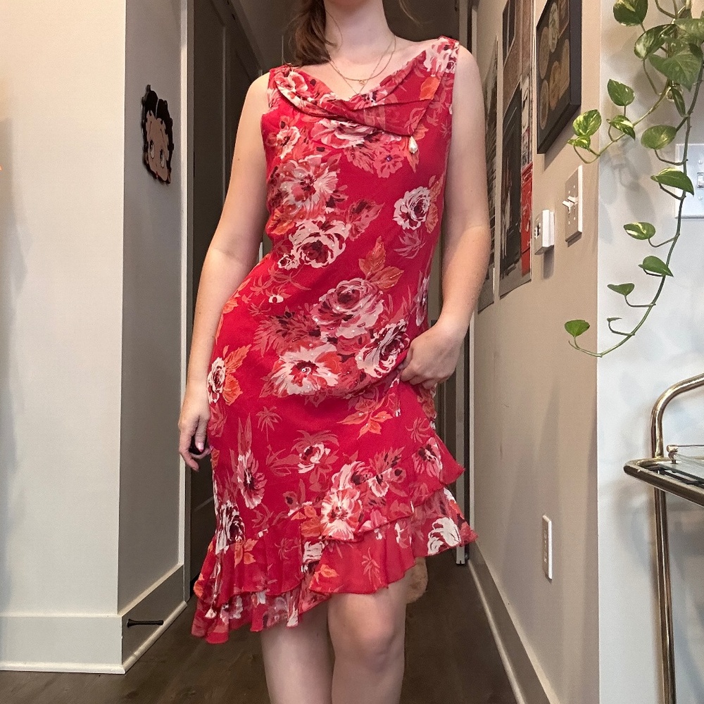 💜 90s Pink Floral Cowl Neck Midi Dress 💜 Size M